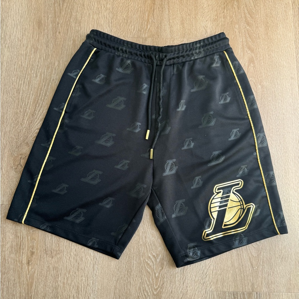 Bershka Black and Gold Lakers Shorts with Elastic Waistband